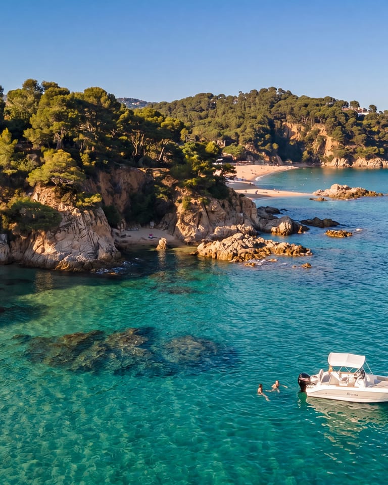 Vista aérea de una cala escondida de la Costa Brava con aguas turquesas, un barco fondeado junto a un acantilado de pinos y dos bañistas en el agua